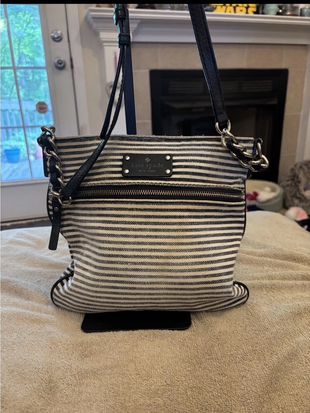kate spade Black and White Striped Canvas Crossbody Bag